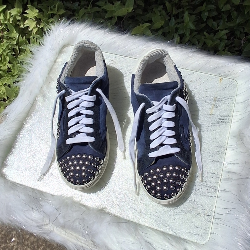 The Shoe Box Studs Side Star Suede Blue Lace-up Sneakers Italy Women Size 37/US7 - Picture 2 of 16